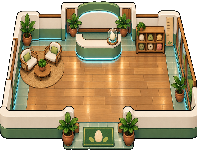 The Nursery's room: a wooden floor, armchairs, potted plants, a counter with an incubator and a shelf of plush toys.