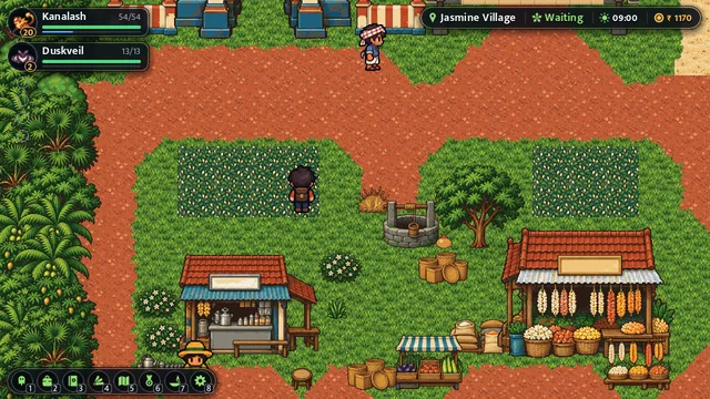 Jasmine Village market from above: a tea stall, a flower and fruit stall, an old well and jasmine bushes beside a red earth road.