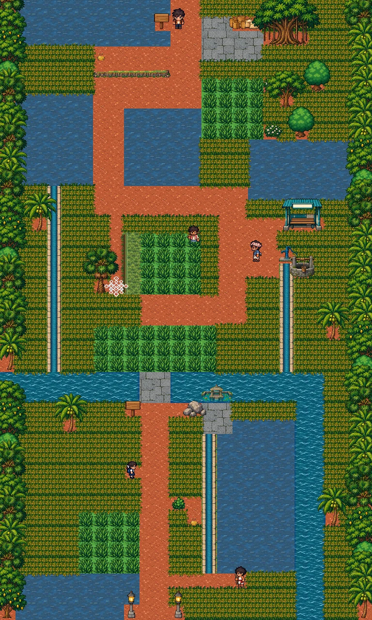 Overview of Route 2: blocks of paddy and flooded fields, a red path winding south and blue water channels.